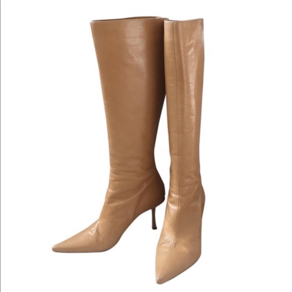 JIMMY CHOO Tall Nude Beige Leather Zipper Boots 7